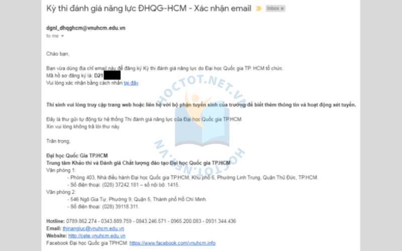 Email xác nhận kích hoạt tài khoản đăng ký thi DGNL